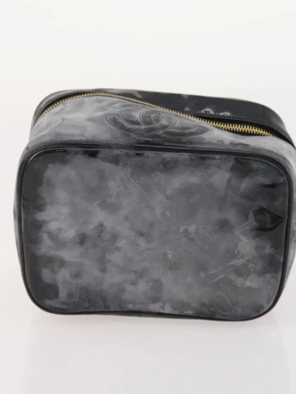 CHANEL Vanity Pouch Leather 2 Set Black CC Auth BA12664